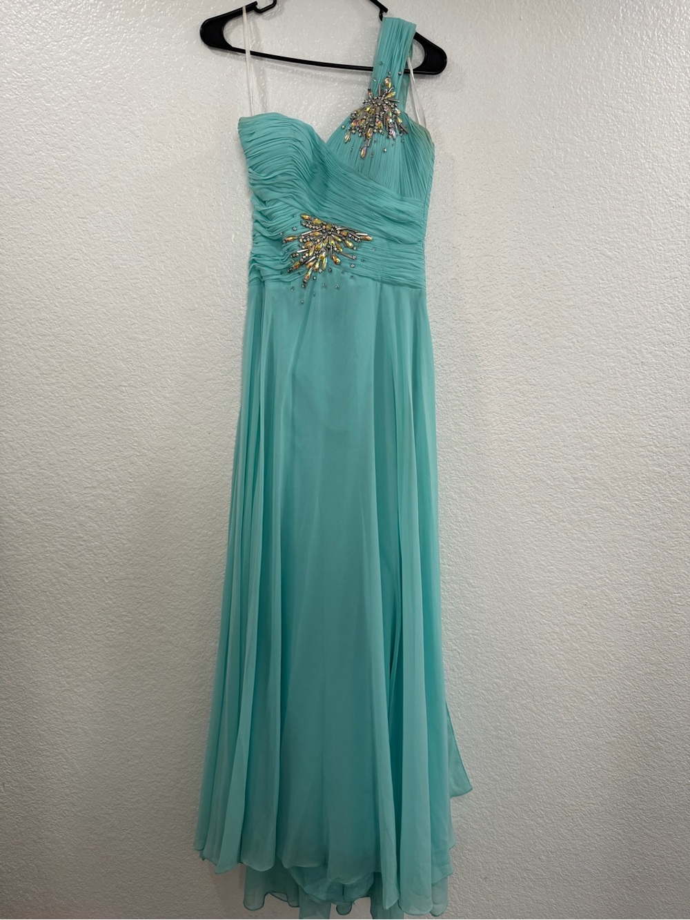 Tony Bowls - One-Shoulder Aqua Evening Gown with Beaded Accent
